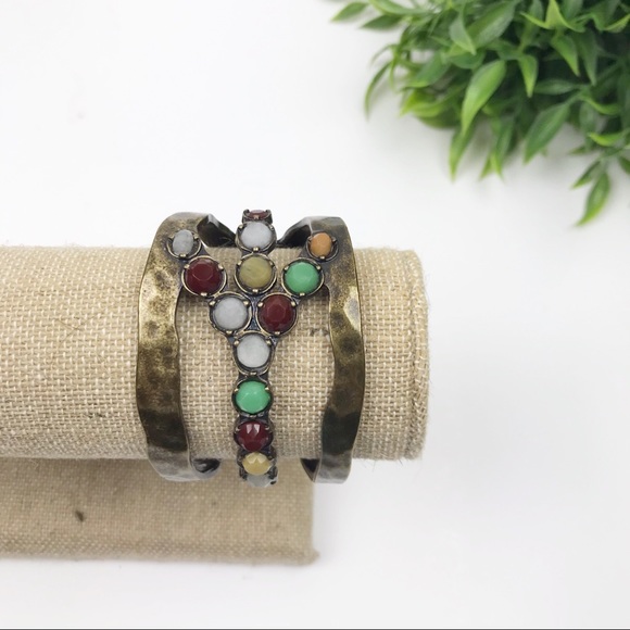 Lucky You Jewelry - Lucky You Peace Sign Stone Gem Cuff Bracelet